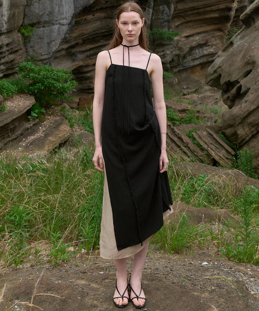 Noir For Woman Linen Raw Edge Dress (Black)