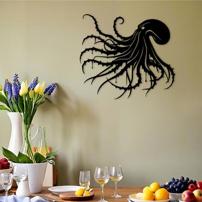 2D Flat Octopus Tentacles Metal Wall Decor, Nautical Sea Creature Silhouette Black Sign, Ocean Theme for Bathroom Living Room Bedroom Indoor Outdoor