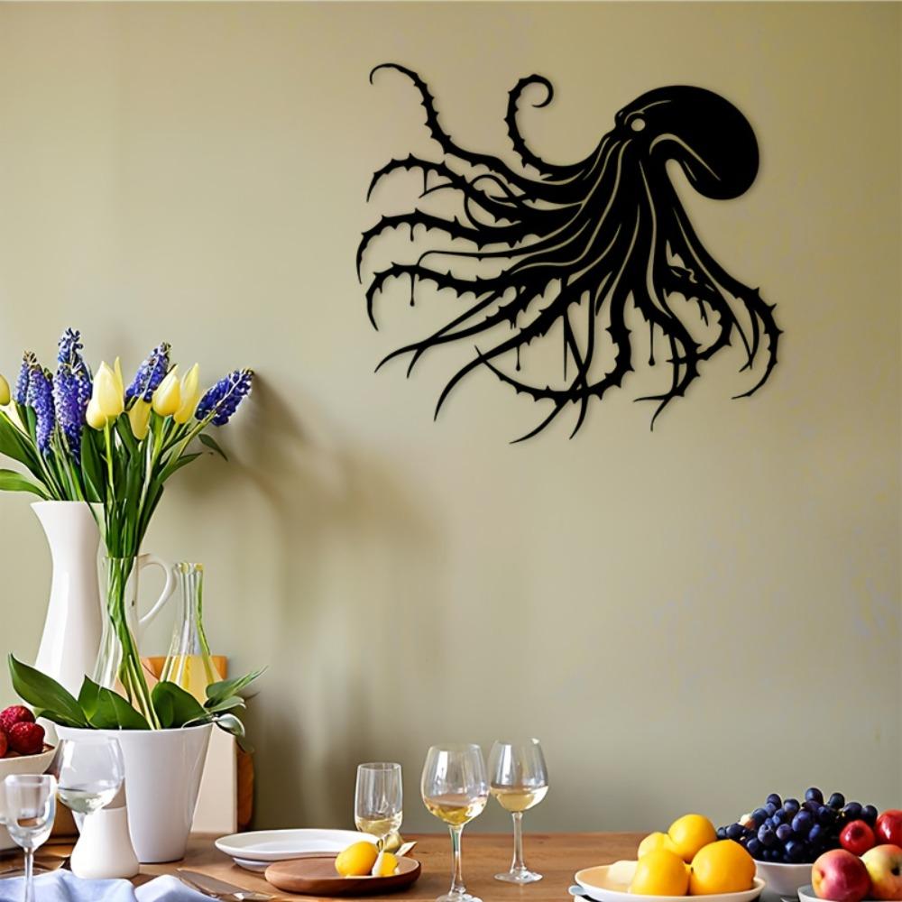 2D Flat Octopus Tentacles Metal Wall Decor, Nautical Sea Creature Silhouette Black Sign, Ocean Theme for Bathroom Living Room Bedroom Indoor Outdoor