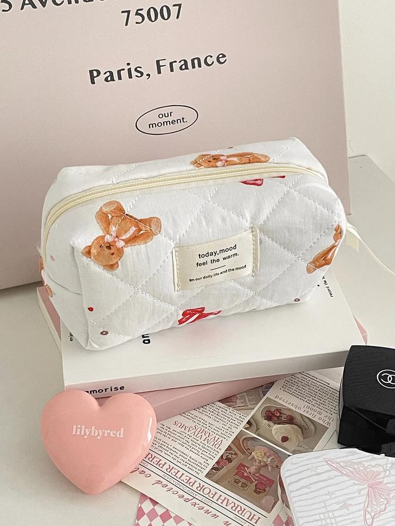 Large Capacity Ladies Travel Storage Bag Portable Quilted Female Handbag Cute Cartoon Bow Bear Women's Makeup Case Cosmetic Bags