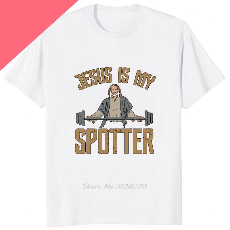 Lustiges Jesus Ist Mein Spotter Aufgedrucktes Grafik-Baumwoll-Herren-T-Shirt Humor Gewichtheben GYM T-Shirt Lässige Mode Streetwear Herren-T-Shirts