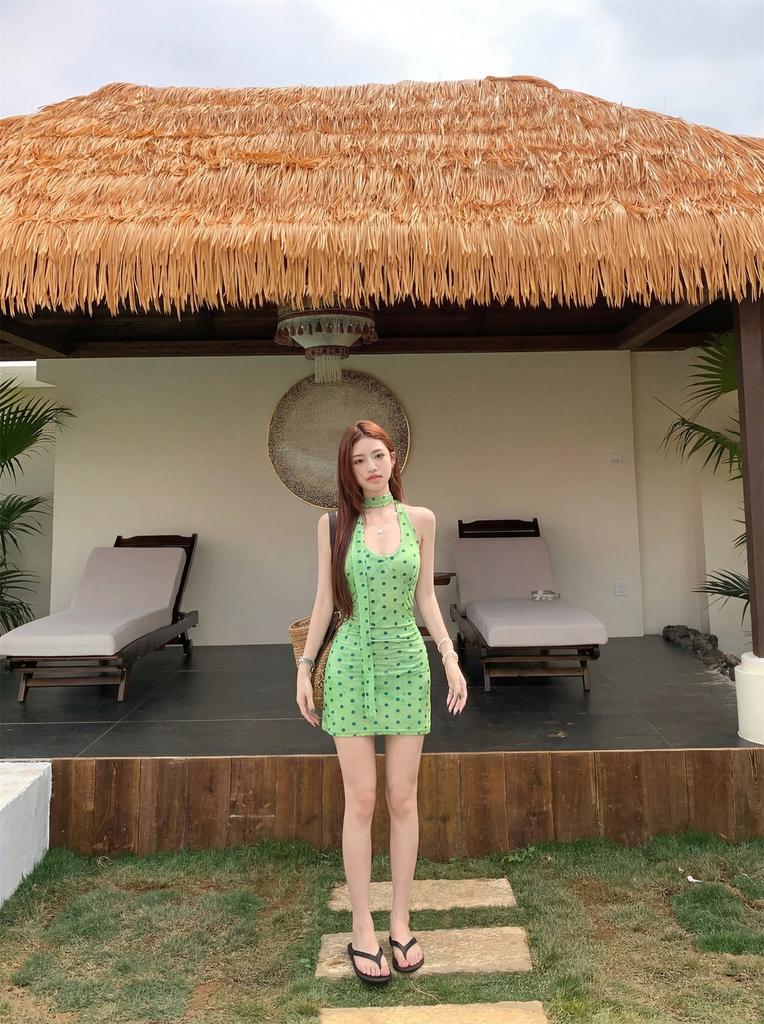 French Polka Dot Streamer Neck Dress Women's Summer Temperament Green Skirt Waist Hip Skirt Vacation Dress