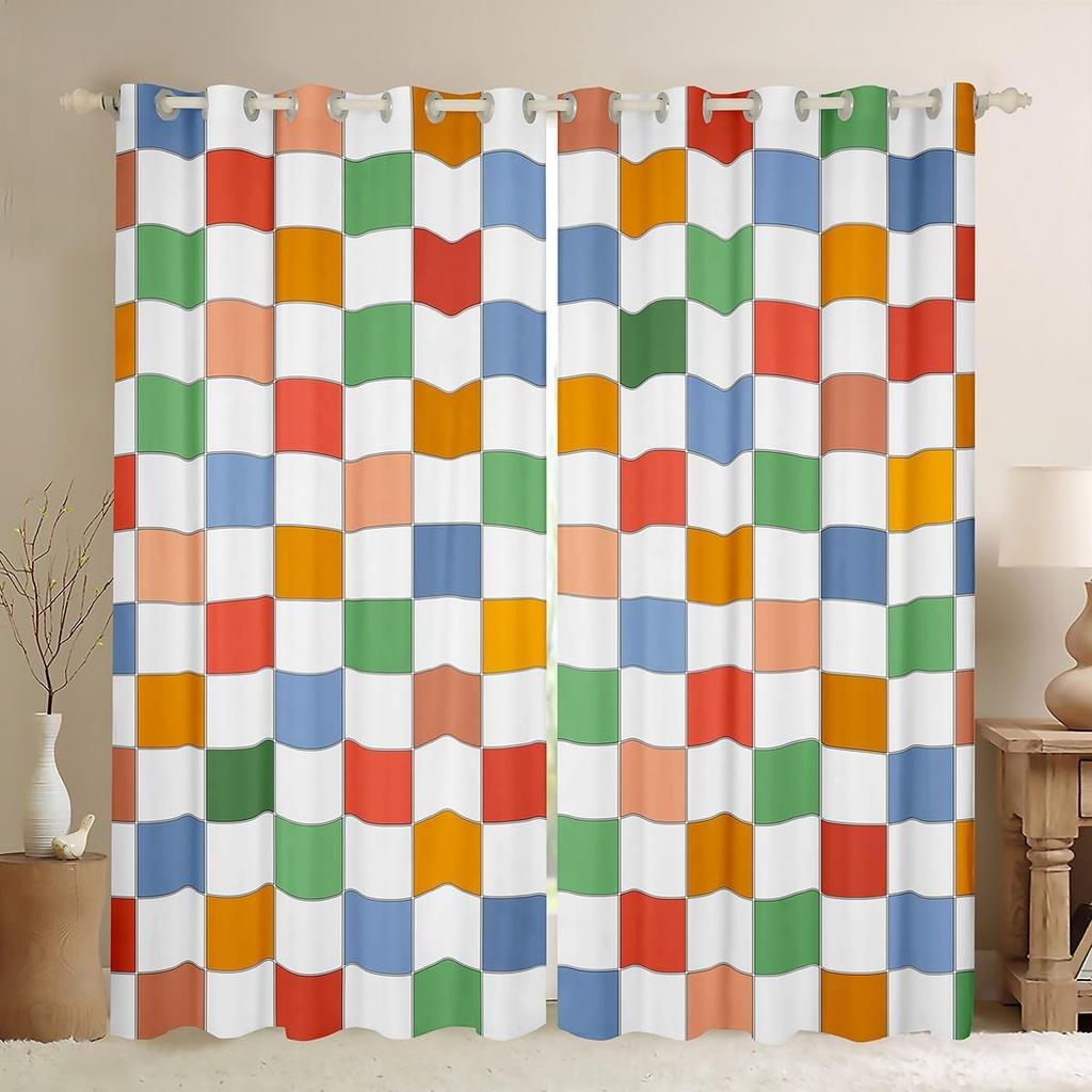 Checkered Curtain Colorful Checkerboard Grid Curtains Drapes Funky Gingham Buffalo Plaid Window Bedroom With Room Darkening Polyester Perfect For