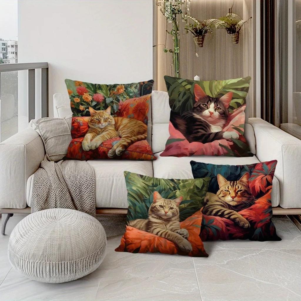Heimdeko Niedliche Katzen in blühendem & blättrigem Garten Kissenbezüge Muster Kissenbezug Geeignet für Sofa Schlafzimmer Auto Kissenbezug