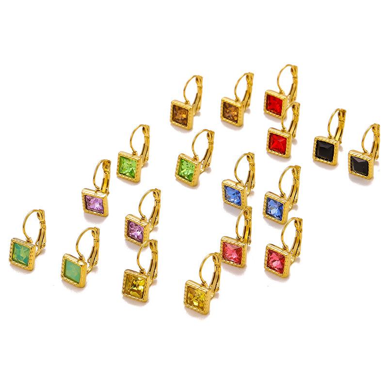 CARLIDANA Minimalist Women New Square Clip Earrings Tarnish Free 18k Gold Plated Stainless Steel Colorful Zircon Hoop Earrings
