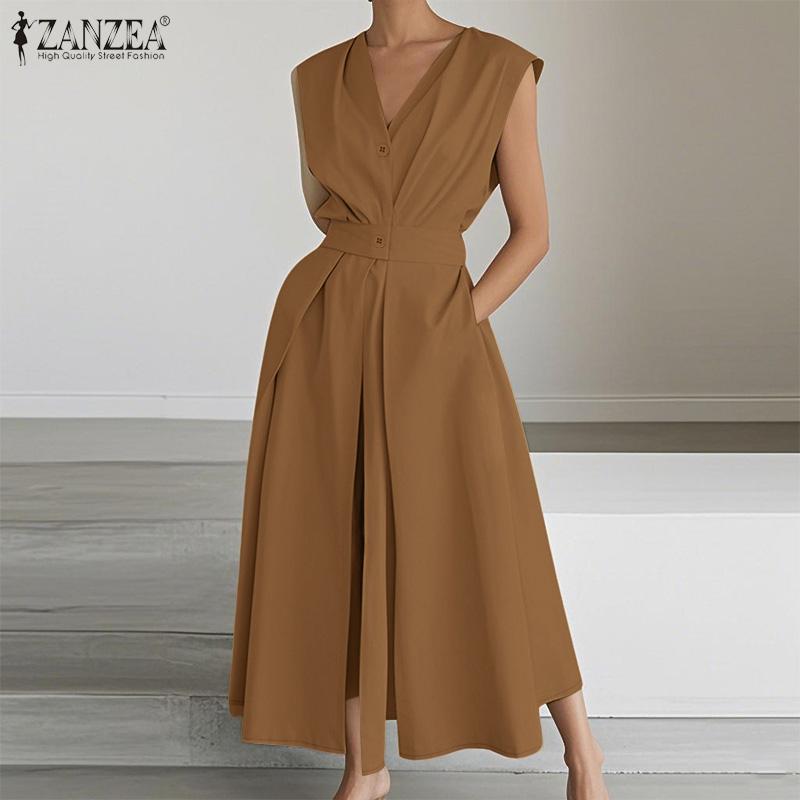 ZANZEA Womens Summer V-Neck Casual Sleeveless Long Dress