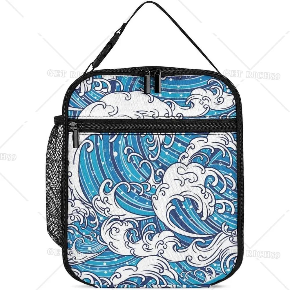 Navy Blue Wave Reusable Portable Lunch Bag for Women Men Insulated Lunch Box with Zipper Cooler Tote Bag for Work Picnic Camping