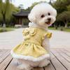 2026 New Outfit for Small Dogs Tweed Dog Dress with Bow & Pom-pom Decor, Ruffled Sleeves & Leash Ring, Elegant Daily