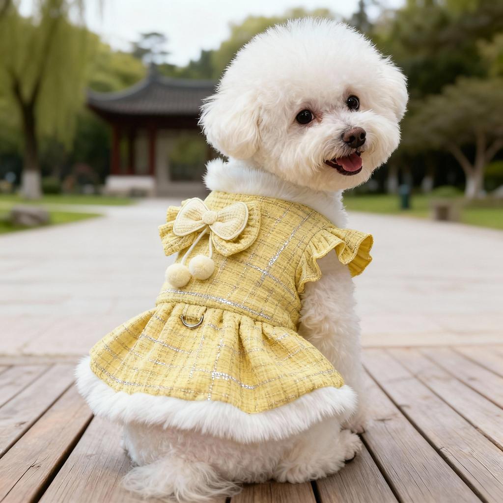 2026 New Outfit for Small Dogs Tweed Dog Dress with Bow & Pom-pom Decor, Ruffled Sleeves & Leash Ring, Elegant Daily