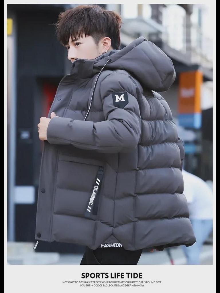 618 Men's Mid-Length Hooded Winter Jacket - Warm, Thick Plush Cotton-Padded with Ribbed M-Shaped Design