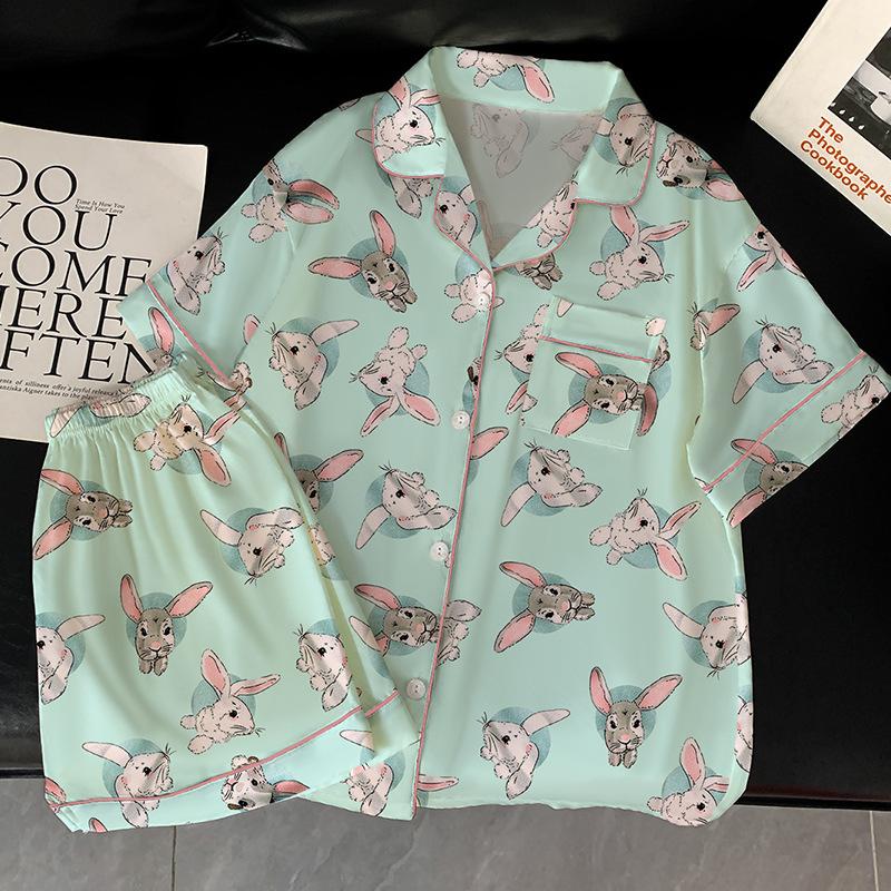 Sweet Soft And Cute Long-Eared Rabbit Printed Pajamas Women'S Summer Day Ice Silk Short-Sleeved Thin Loungewear Set