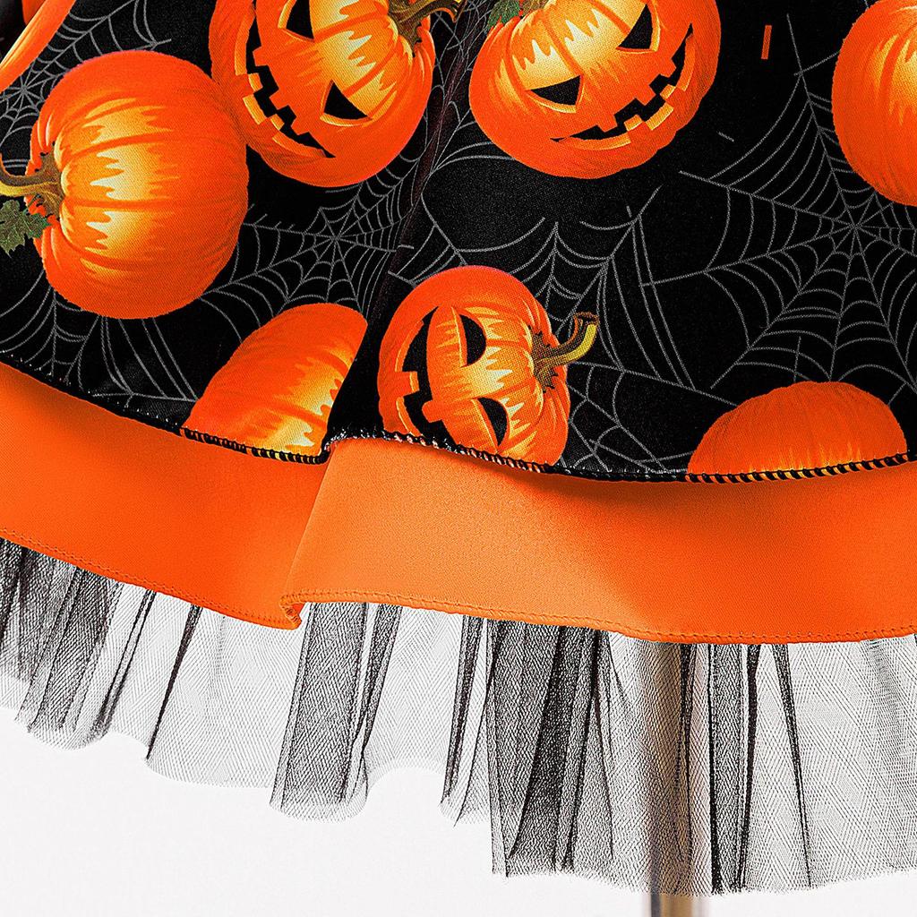 Halloween Girls Princess Spiderweb Pumpkin Fluffy Dress with Back Cutout