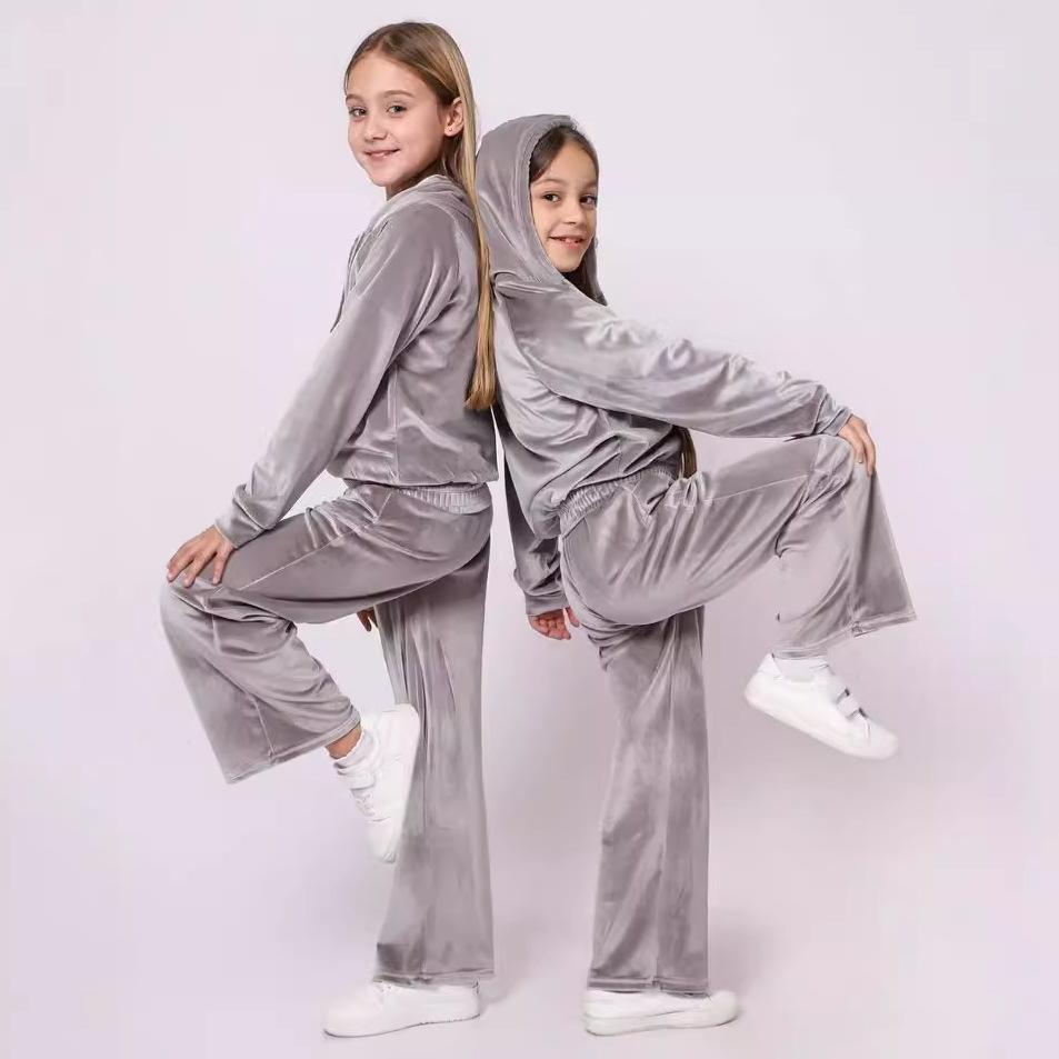 2026 Fall Winter Girls Velour Track Suit 2 Piece Set Casual Hoodie Sweatshirt Kids Warm Athletic Outfit