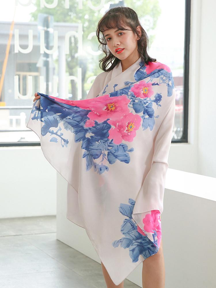 High Quality Elegant Women Silk Scarf Sarong Beach Wrap Long Shawl Satin Floral Print Bandana Hijab Mujer Scarve Foulard Pareo