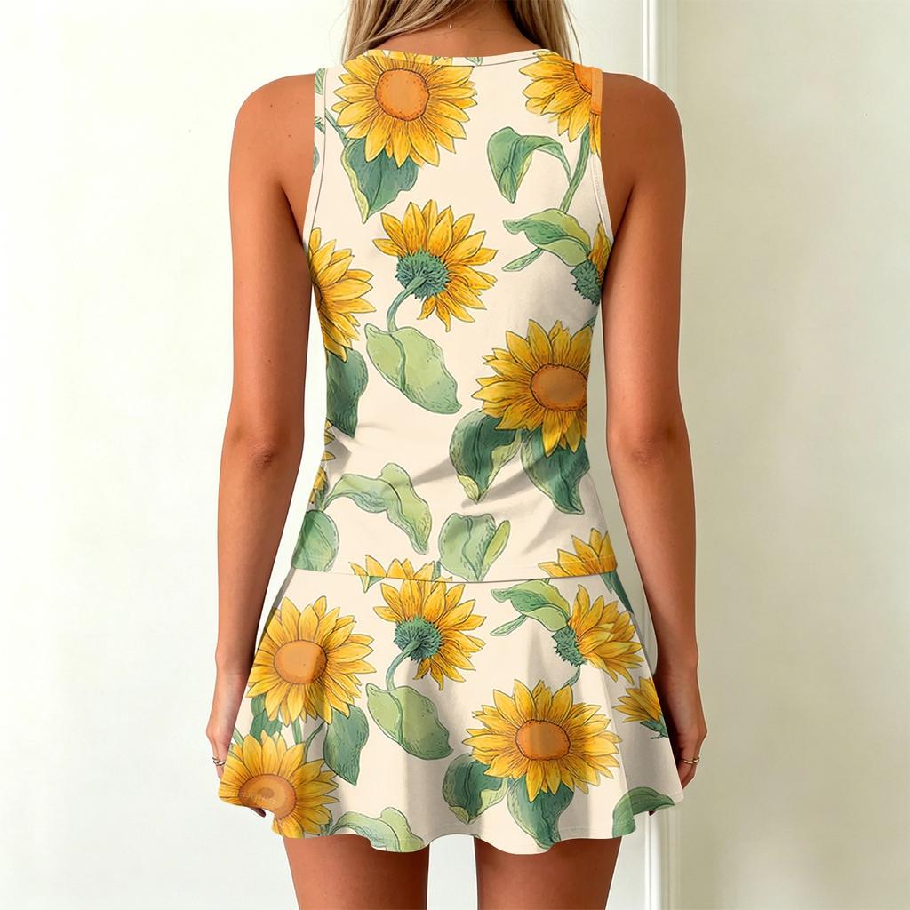 Sleeveless Tank Dress with Sunflower Print Casual Round Neck A Line Mini Dress for Women Summer Beachwear