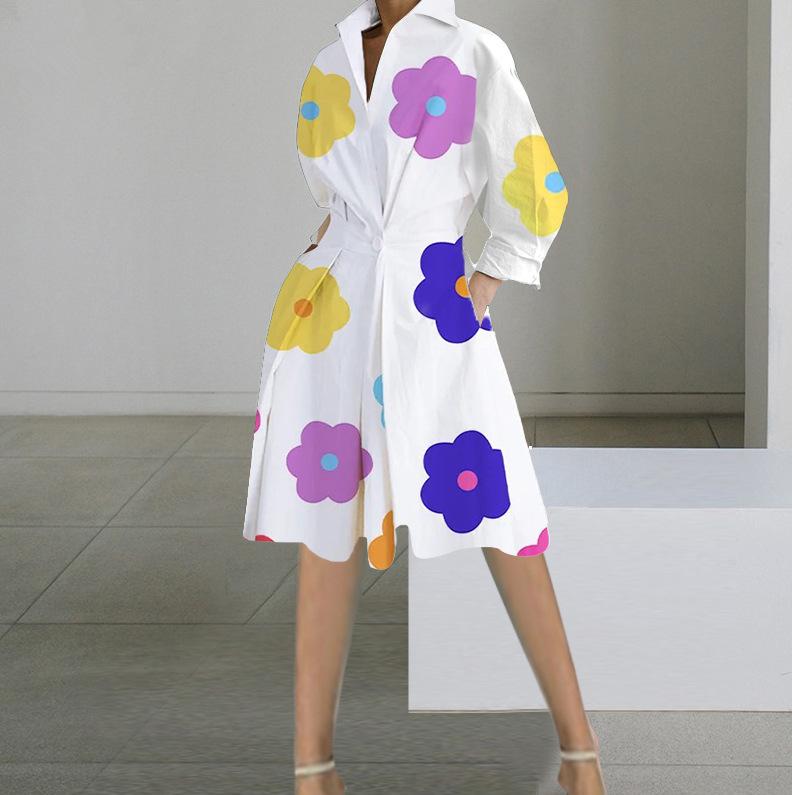 Autumn New Fashion Long-sleeved V-neck Printed Medium and Long Dress Women's Clothing