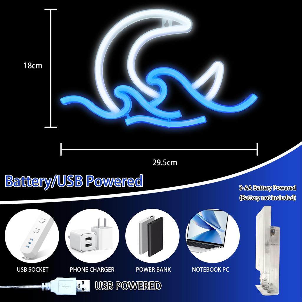 ENUOLI Neon Sign, Neon Light, Room Light, Moon, Wave, Wall Hanging, Interior Decor, Wall Decoration, Birthday Gift, Shop, Bar, Home, Coffee Shop,