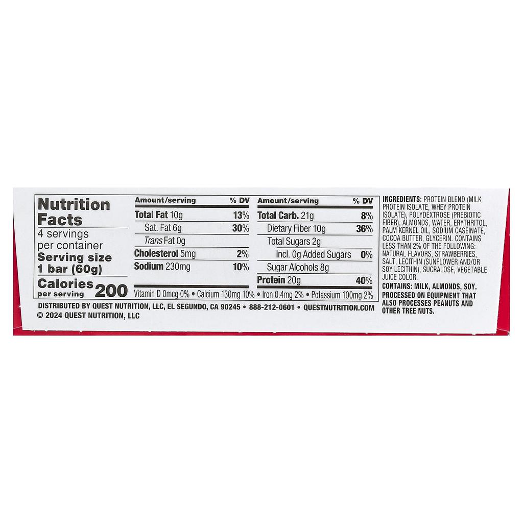 Quest Nutrition Protein Bar, Strawberry Shortcake, 4 Bars, 60g (2.12oz) Each