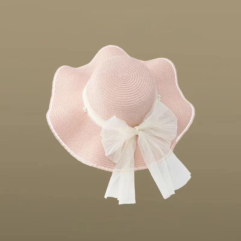 

Seasonal eaves woven hat women s pearl mesh bow straw hat outdoor sun protection visor high-end versatile hat M（56-58cm） рожевий