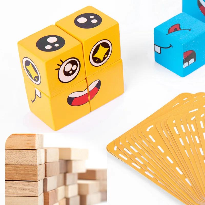 Cube Face zmień klocki gra planszowa drewniane Puzzle Montessori wyrażenie drewniane bloczki Blocos dla dzieci zabawki dla dzieci prezent