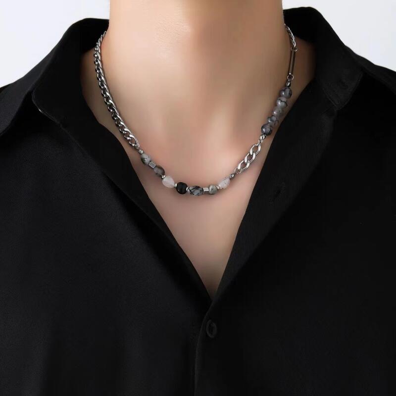 Stainless Steel Gray Color Glass Beaded Choker Necklaces for Women Men Personality Hiphop Necklaces All Saints' Day Jewelry Gift