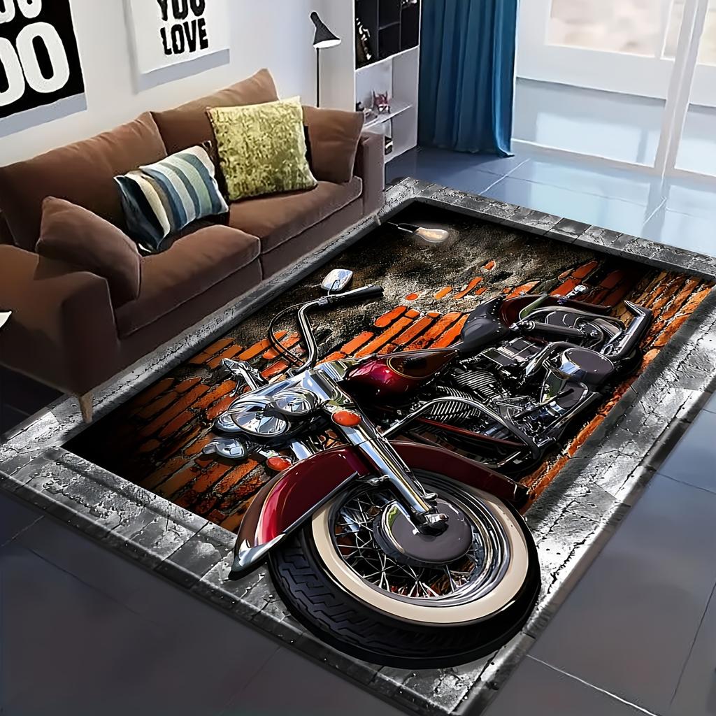 Vintage Motorcycle Bath Mat – Fade-Resistant Flannel Rectangular Rug for Bathroom Decor