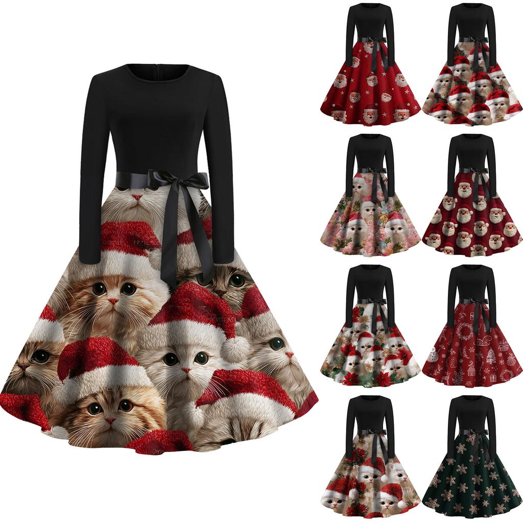 Women's Fashion Round Casual Slim Fit Christmas Print Large Swing Long Sleeve Dress