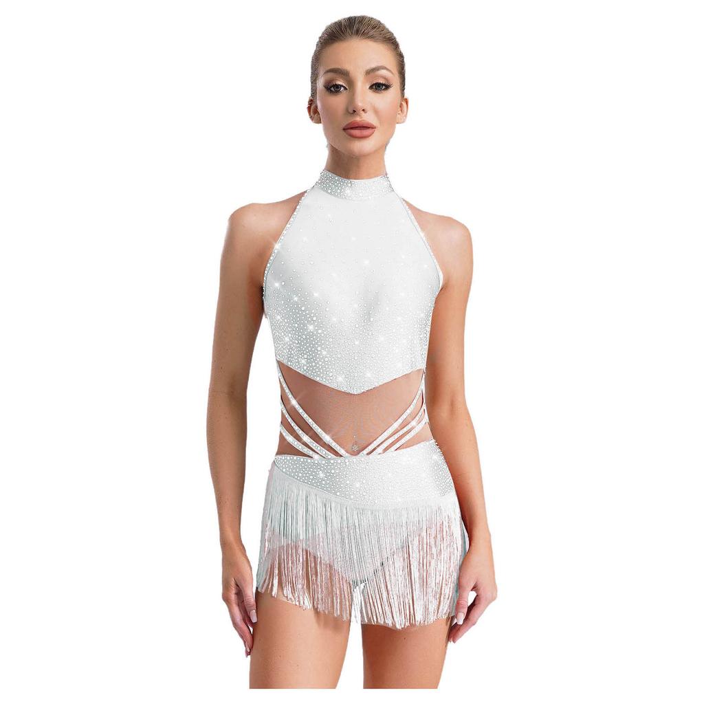 Womens Latin Dance Leotard Sleeveless Mock Neck Patchwork Rhinestones Tassels Adorned Gymnastics Costume