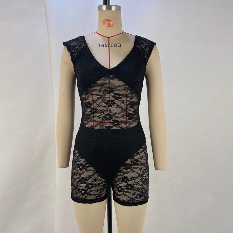 

Женский весенне-летний новый костюм Модный сексуальный облегающий прозрачный вышитый короткий комбинезон женский XL чёрный