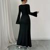 Women's Square Neck Long Sleeve Dress, Black Long Dress