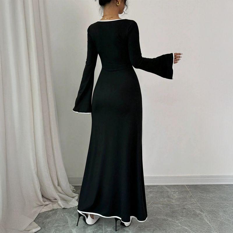 Women's Square Neck Long Sleeve Dress, Black Long Dress