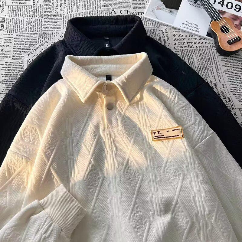 Men's Casual Loose Long Sleeve Polo Hoodie - Trendy Spring/Autumn Lapel Jacquard Top for Couples