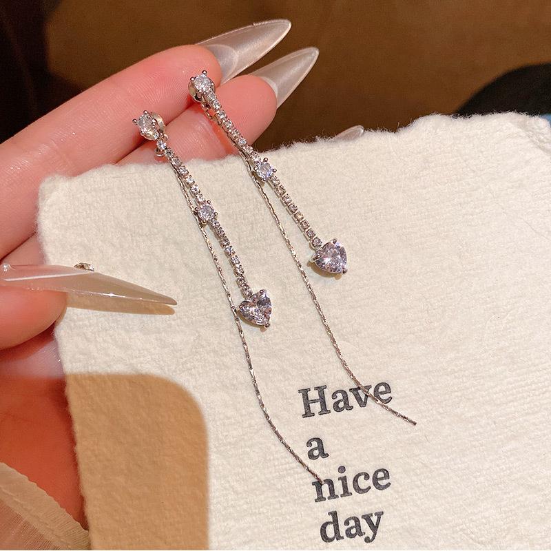 Light Luxury Zircon Heart Drop Earrings for Women Girls New Versatile Long Tassel Dangle Earrings Wedding Jewelry Accessories
