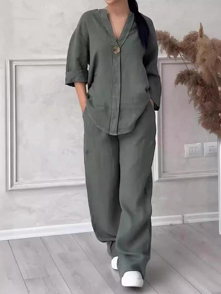 2026 Fashionable European-American Women's Cotton Linen Set: Comfortable Loose Top & Wide-Leg Pants