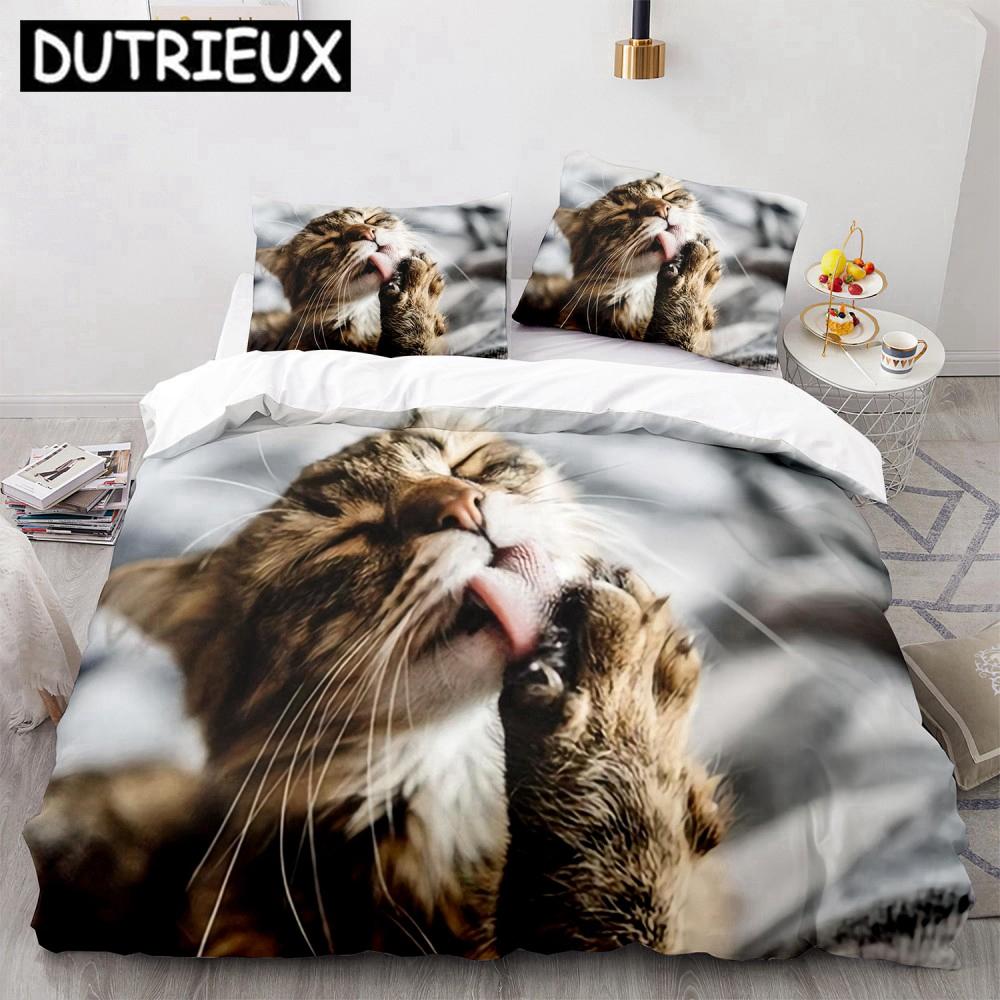 Cartoon Funny Cute Cat Duvet Cover Set 3D Polyester Pillowcases Quilt Cover Home Decor Gift Twin King Queen Bedding Set