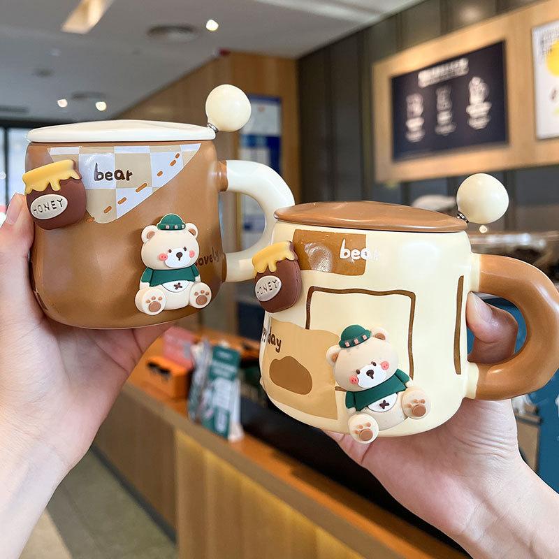 Nový hrnek s víčkem a lžičkou, roztomilý keramický hrnek pro pár, suvenýr, kreativní kancelářský hrnek na kávu a vodu