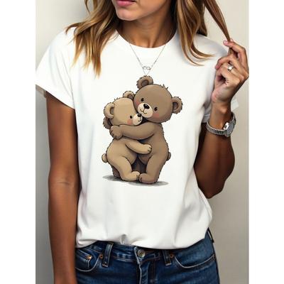 European Size Cartoon Bear Print T-Shirt - Soft, Breathable, Casual Summer Sportswear,Suitable for Outdoor Activities and Casual Wear, Casual Style