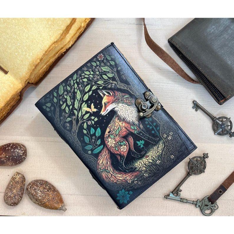Fox Print Leather Journal With Deckle Edge Paper Handmade Leather Journal Book of Shadows Perfect for Blank Spell Books Gift For Her Him