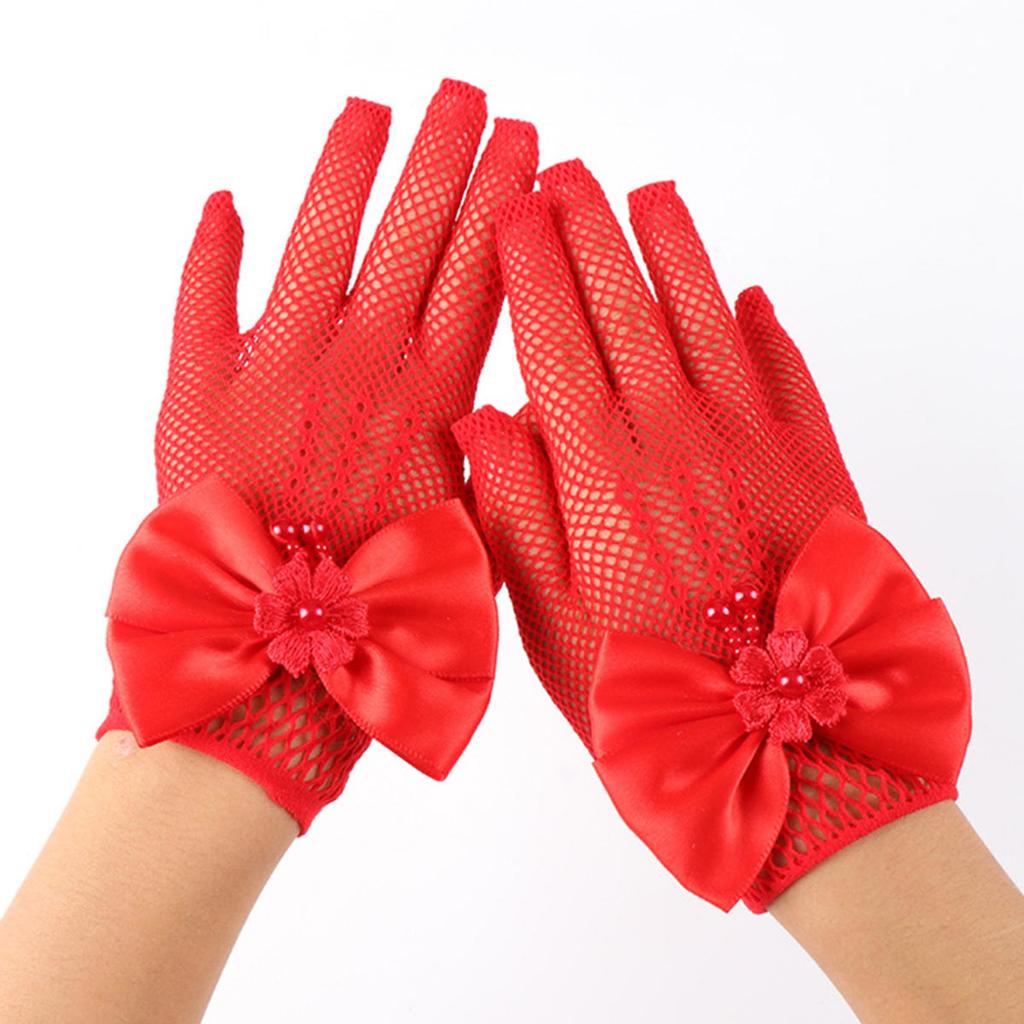 Kids Party Lace Pearl Fishnet Gloves Communion Flower Girl Party Mittens Children's Mittens High Elasticity Mesh Bow Gloves