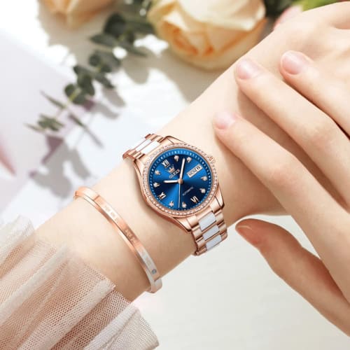 OLEVS Women's Stylish Mechanical Wristwatch with Date Display, Popular Fashionable Dial, and Bracelet, Ceramic Watch, Blue