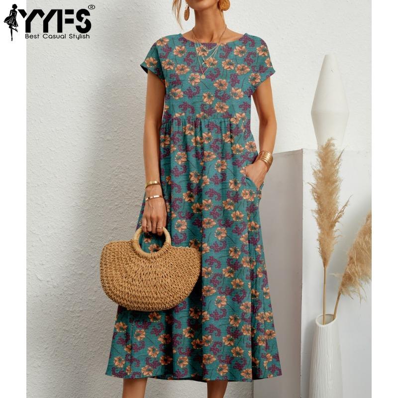 YYFS Women's Fashion Summer Spring Flower Pattern Print Short Sleeve O-Neck Loose Waistlinet Casual Dresses1