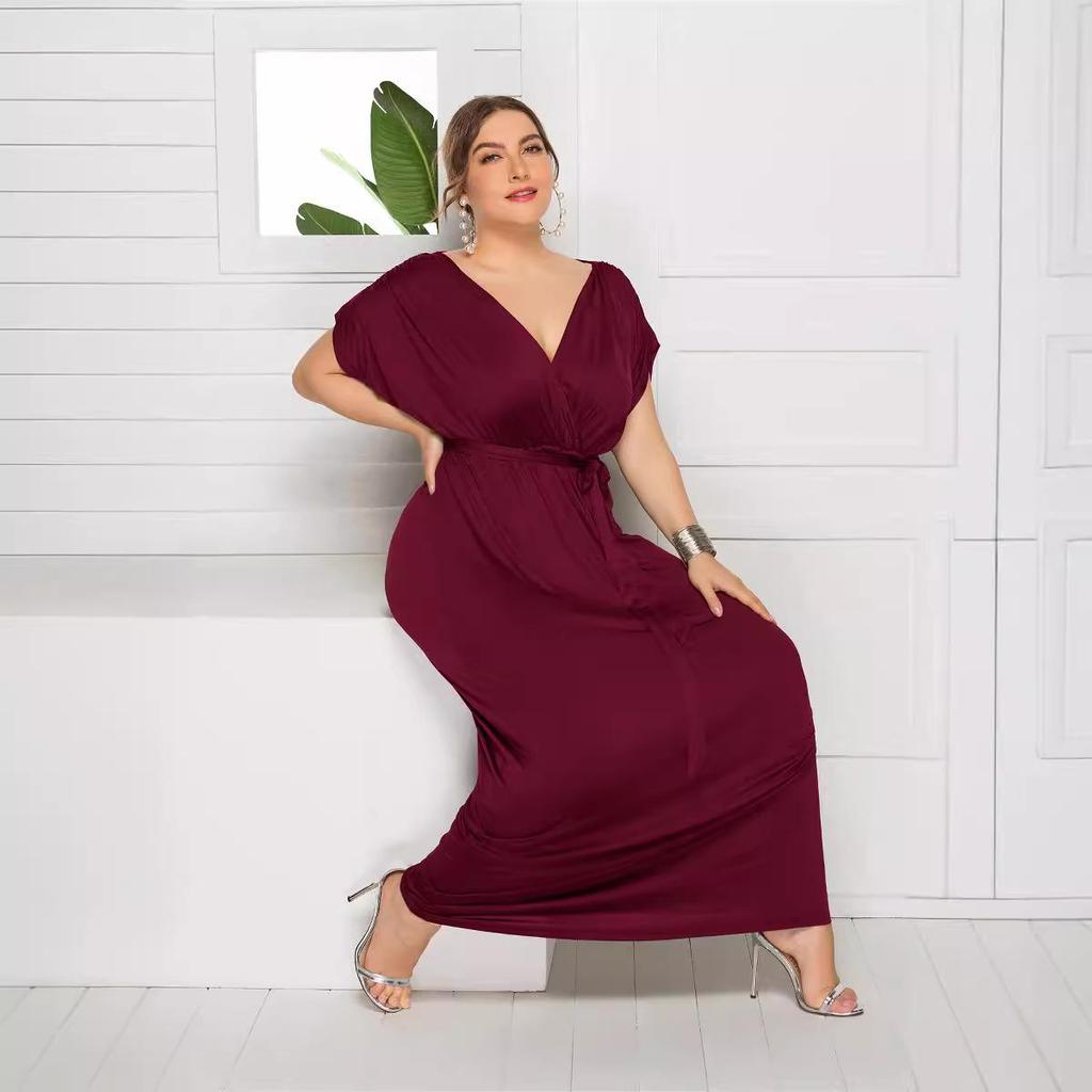Plus Size Women’s Solid V-Neck Evening Dress, Sexy Loose Fit with Large Hem