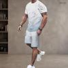 Men Plus Size Printed Round Neck Short Sleeve White Light Blue Two Piece Shorts Set