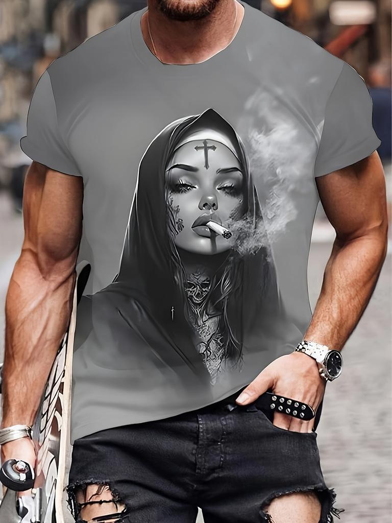 Men's  with Smoking Nun 3D Graphic T-Shirt Black Casual Summer Tee Short Sleeves Polyester  Streetwear T-Shirts Vintage Clothing