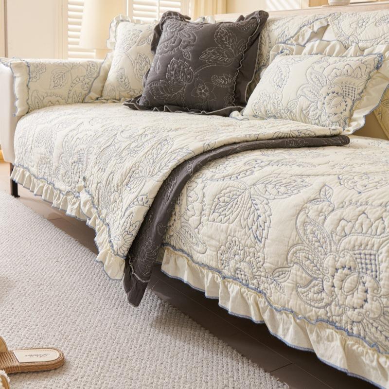 New High-End Embroidery French Retro Embroidery Cotton Sofa Cushion Back Towel Sofa Cover Cloth Machine Wash