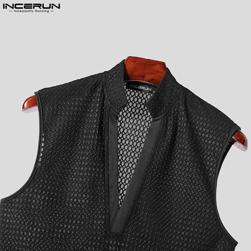 INCERUN Men Summer Sleeveless Mesh Sheer Tanks Transparent T-shirts