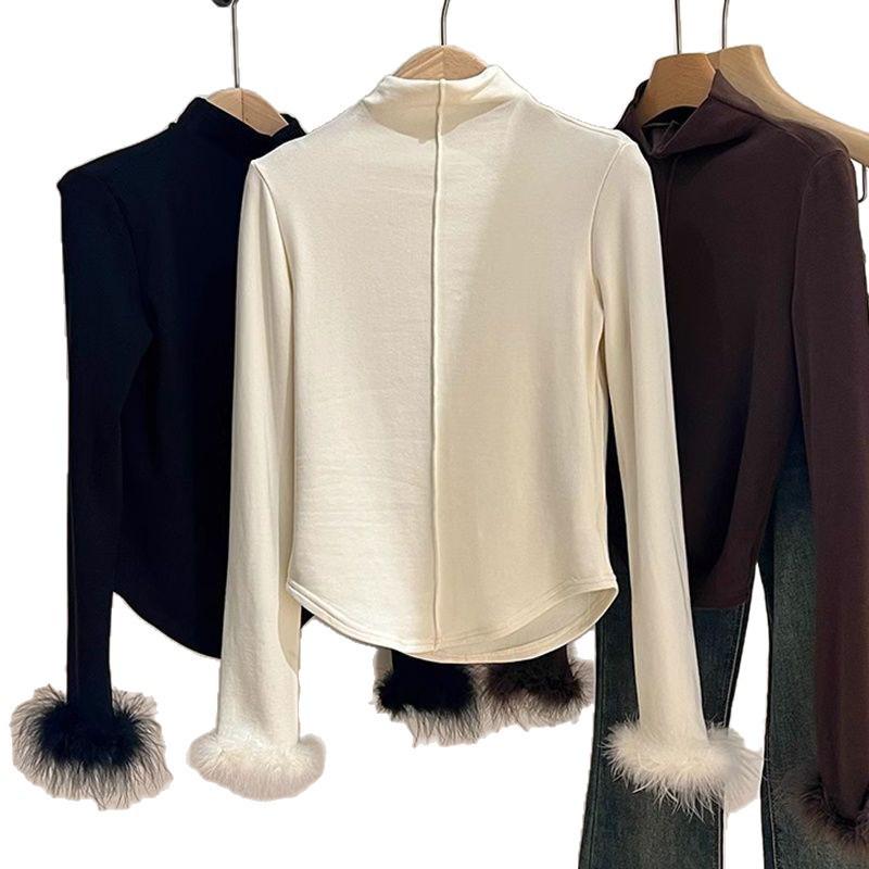 Women's Plus Size Thermal Fleece T-Shirt with Fuzzy Cuffs and Half-High Collar - Slim Fit, Long Sleeve for Autumn/Winter
