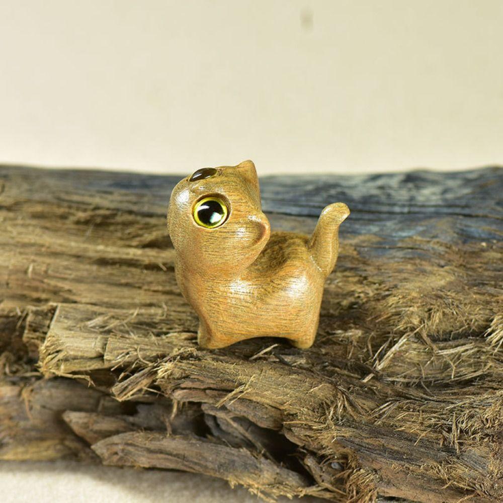 Sandalwood Cat Desktop Figurine Kawaii Animal Sculpture Office Figurine Animal Doll Toy  Home