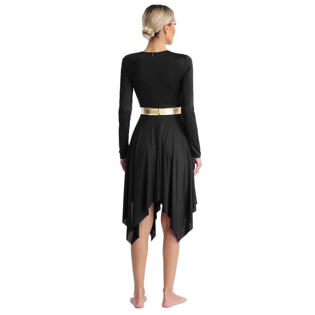 Womens Worship Dance Dress Metallic Color Block Long Sleeve Irregular Hem Liturgical Performance Costume for Church