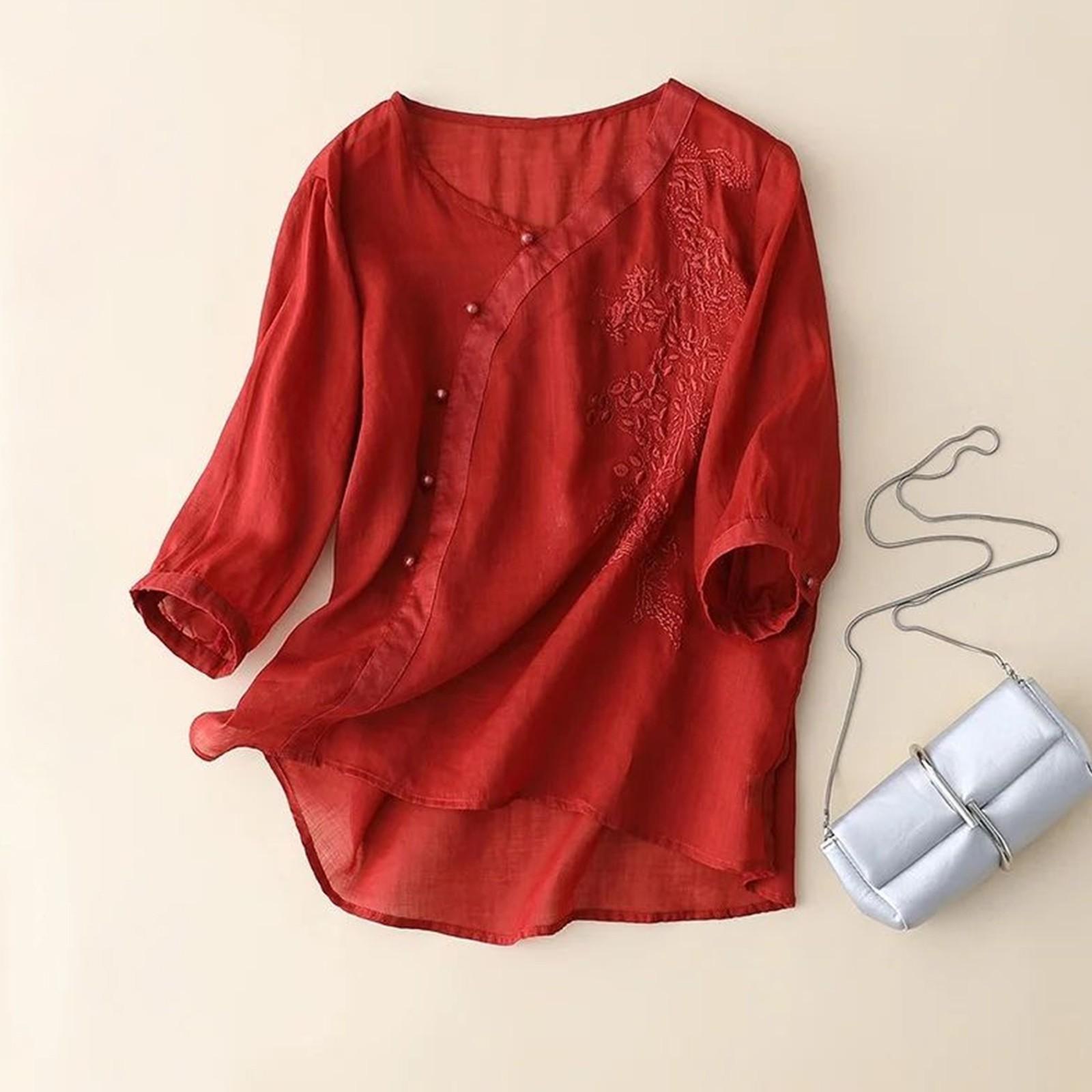 

Женская однотонная хлопковая и льняная футболка с короткими рукавами и вышивкой в стиле ретро, дышащая, с круглым вырезом L красный